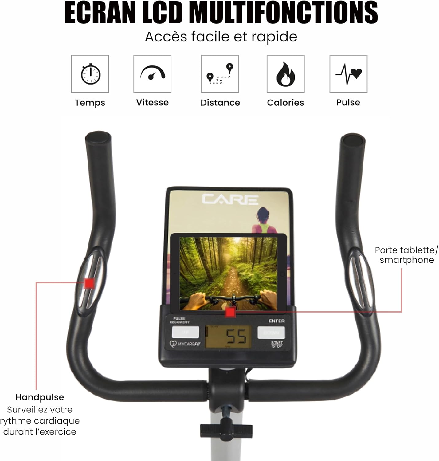 '- Vélo d’Appartement Motorisé CV-351 – Masse d'Inertie 10kg - Résistance Magnétique à 16 Niveaux - 7 Programmes d'Entraînement - Selle Ajustable - Connectivité Application Kinomap