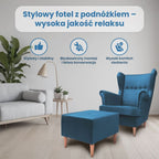 Fotel uszak z podnóżkiem Jane Royal, turkusowy