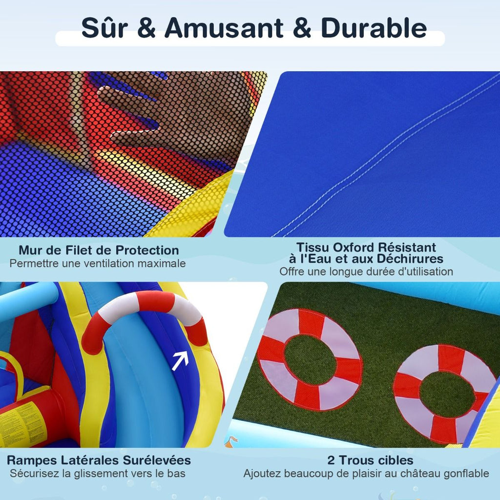 Château Gonflable Style Bateau avec Toboggan Incurvé Zone de Saut Mur d'Escalade avec Gonfleur 450 W