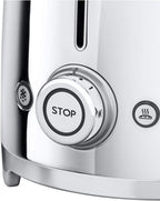 Smeg, 2x2 TSF01SSEU -Toaster, 2 Schlitze für 2 Scheiben, 6 Vergoldungsniveaus, Heizfunktion, Abtau- und Bagel- Funktion, Sammelschublade, 950W, Chrom