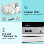Klarstein  ia Mini Geschirrspüler, Spülmaschine mit Platz für 2 Maßgedecke, 6 Programme, 5 L Wasser benötigt, LED-Display, Touch, Tischgeschirrspüler inkl. Zubehör, schwarz