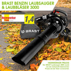 BRAST® Laubsauger Laubbläser Benzin 1,0kW(1,36PS) | 55L Fangsack | inkl. 2 Blasrohre, Schultergurt & Anti-Vibrationsgriff | 4in1 Funktion | Blasgeschwindigkeit 73 m/s