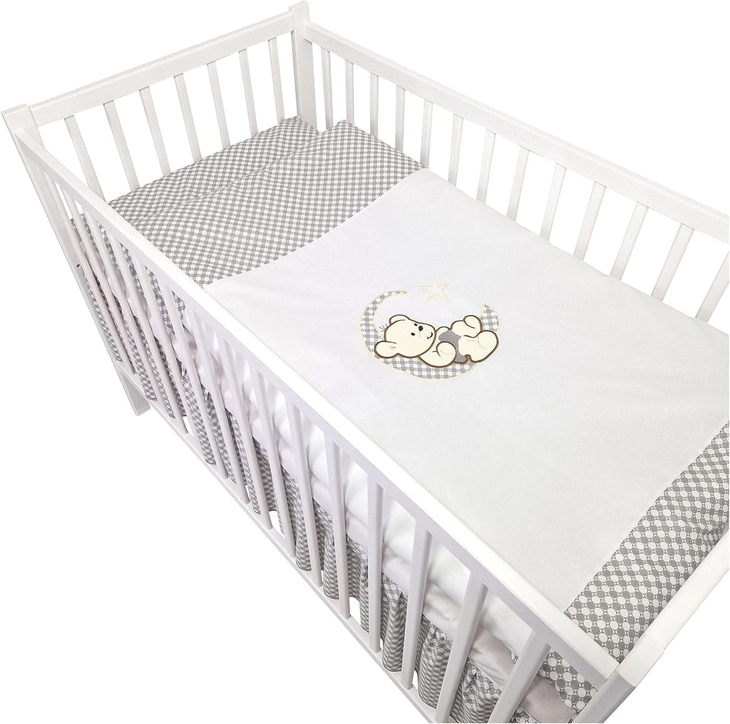 Bello24 - 16 Teiliges Babybett Kinderbett und Bettwäsche komplett Set Happy Leo inkl. Matratze höhenverstellbar für Neugeborene Babys und Kleinkinder aus Massivholz (Grau - Teddybär Mond)