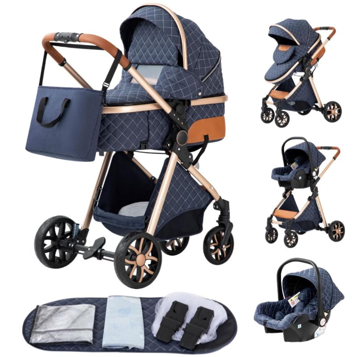 YAZOCO kinderwagen 3 in 1, Zusammenklappbar kinderwagen mit Wickeltasche,Komplettset Becherhalter,Moskitonetz, Fußabdeckung,Sitzzubehör (4 Rosa)
