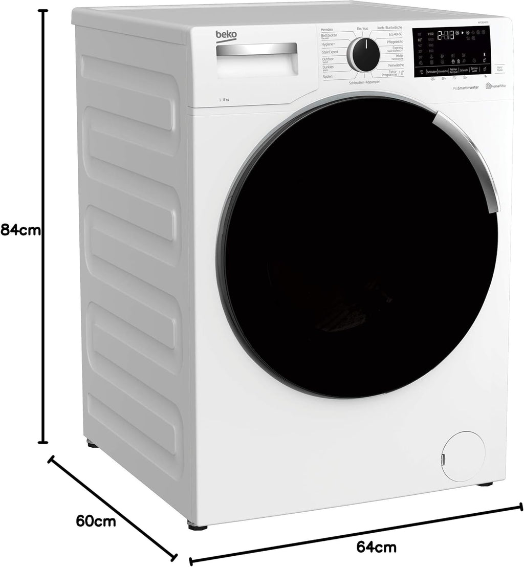 Beko B3WFU58415W1 b300 Waschmaschine, 8 kg, Waschvollautomat, Restzeitanzeige, Schleuderwahl, 1400 U/min, Dampffunktion, AddXtra-Nachlegefunktion, Bluetooth, Hygiene+ allergikergeeignet, Weiß