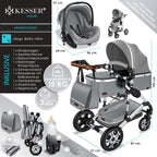 KESSER® Loops 3 in 1 Kinderwagen Kombikinderwagen Komplett-Set inkl. Babywanne & Buggy Sportsitz & Auto-Babyschale Voll-Gummireifen Wickeltasche Regenschutz Kindertisch ECE R129, Schwarz/Champagne
