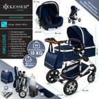 KESSER® Loops 3 in 1 Kinderwagen Kombikinderwagen Komplett-Set inkl. Babywanne & Buggy Sportsitz & Auto-Babyschale Voll-Gummireifen Wickeltasche Regenschutz Kindertisch ECE R129, Schwarz/Champagne