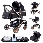 YAZOCO kinderwagen 3 in 1 Buggy Babybett Komplett Set Einem Klick Zusammenklappbarer Kinderwagen, KombiKinderwagen Aluminiumrahmen für Neugeborene Sitzzubehör (1 schwarz)
