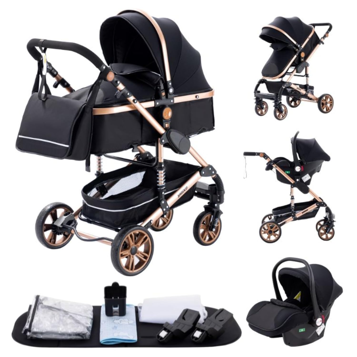 YAZOCO kinderwagen 3 in 1 Buggy Babybett Komplett Set Einem Klick Zusammenklappbarer Kinderwagen, KombiKinderwagen Aluminiumrahmen für Neugeborene Sitzzubehör (1 schwarz)