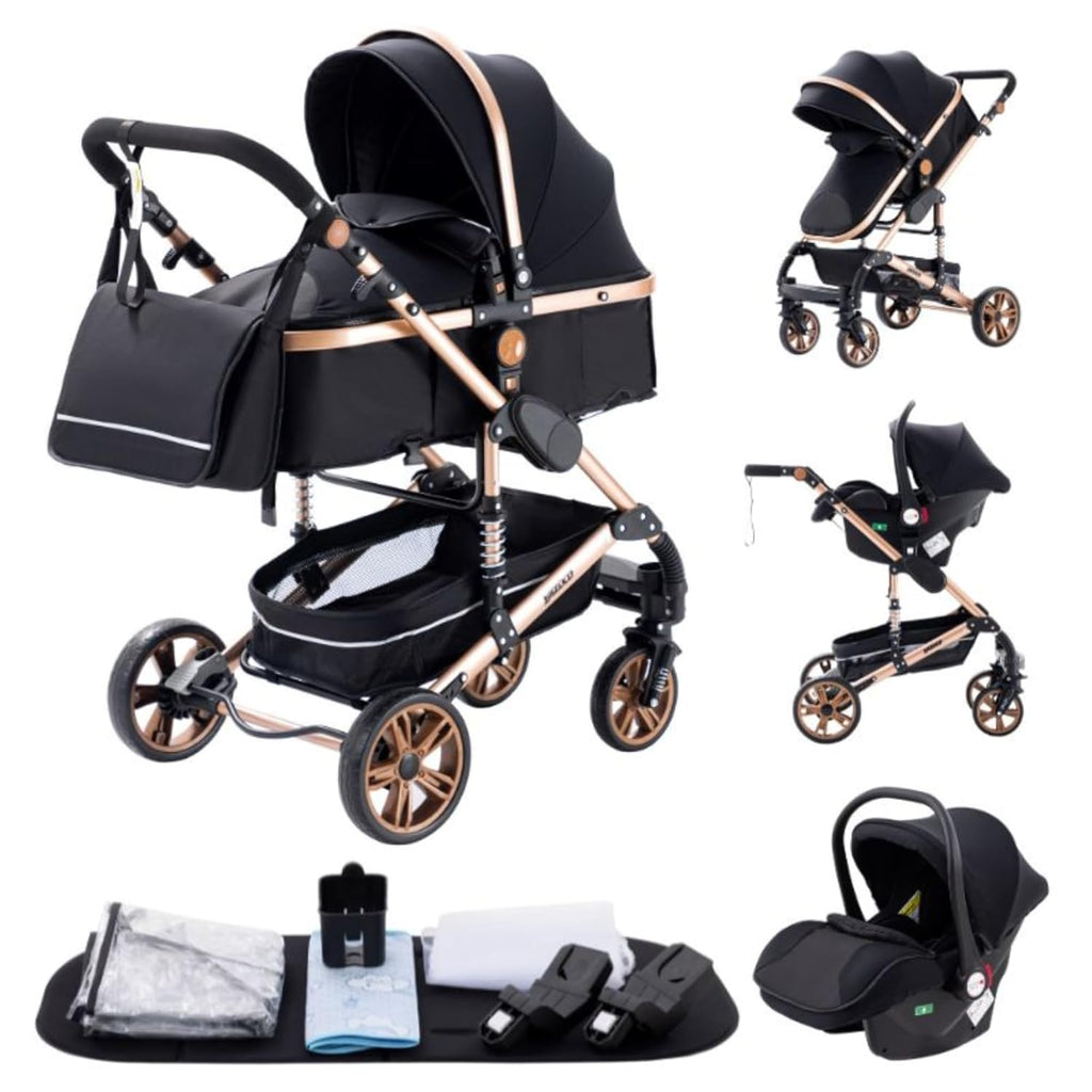 YAZOCO kinderwagen 3 in 1, Zusammenklappbar kinderwagen mit Wickeltasche,Komplettset Becherhalter,Moskitonetz, Fußabdeckung,Sitzzubehör (4 Rosa)