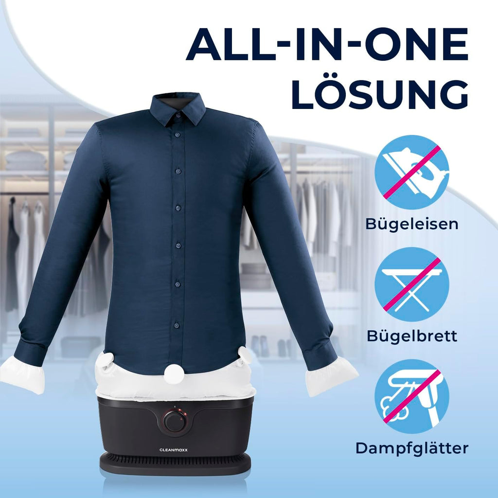 CLEANmaxx Automatischer Hemden-Bügler zum Trocknen und Gltten von Hemden & Blusen inklusive Aufsatz für Hosen | Die innovative und schonende Art, Ihre Wsche zu gltten