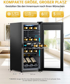 WIE Wine Fridge Compressor 53 Litres 18 Bottles Drinks Fridge Small Wine Cabinet Small Wine Fridge with Glass Door, Full Glass Design Door with LED Touch Panel, Anti-UV, Wine Fridge 5-18°C