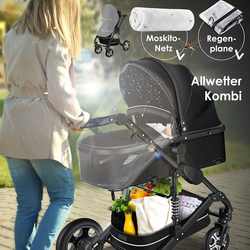 KESSER® Loops 3 in 1 Kinderwagen Kombikinderwagen Komplett-Set inkl. Babywanne & Buggy Sportsitz & Auto-Babyschale Voll-Gummireifen Wickeltasche Regenschutz Kindertisch ECE R129, Schwarz/Champagne