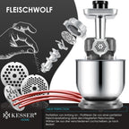 KESSER® 3 in 1 Universal Küchenmaschine K-KM 3000 mit Fleischwolf Knetmaschine Multifunktionale Rührmaschine 5,5L Schüssel mit 3 Rührwerkzeuge, 1,5L Entsafter, Zubehör-Set, Pasta & Gebäckformen