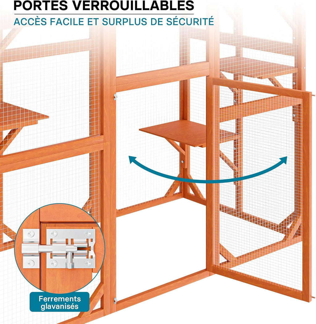 Enclos extérieur – 168 x 82 x 166,5 cm – en Bois de Sapin et avec Grillage – Parc pour Chat résistant aux intempéries – avec 6 Zones de Repos – Félins