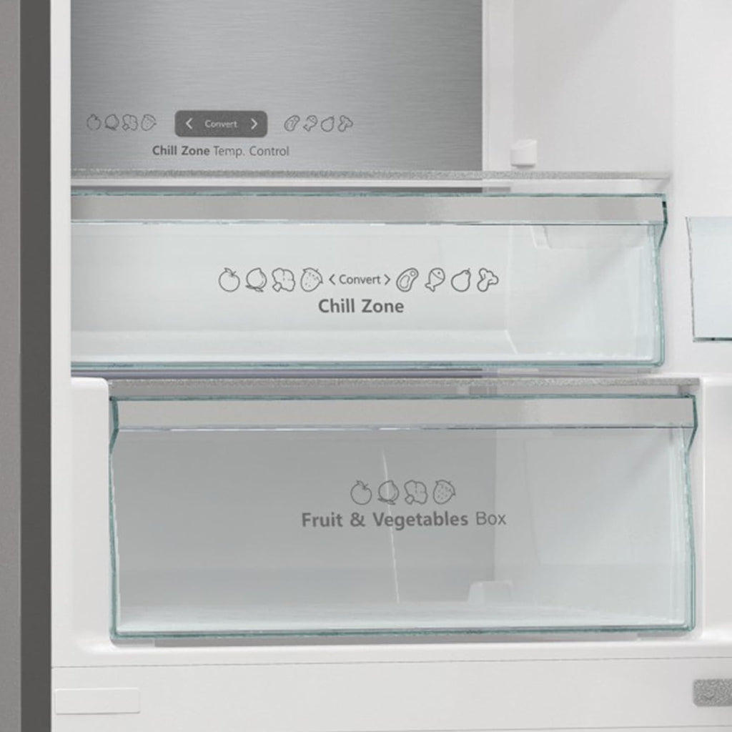 Hisense RB327N4AD2 Kühl-Gefrierkombination/ NoFrostPlus/ Multiflow 360°/ HolidayMode/ FreshZone/ 182,4 cm/ Kühlteil 171 l/ Gefrierteil 85 l/ 41 dB/ 287 kWh/ Jahr/ Edelstahl-Look