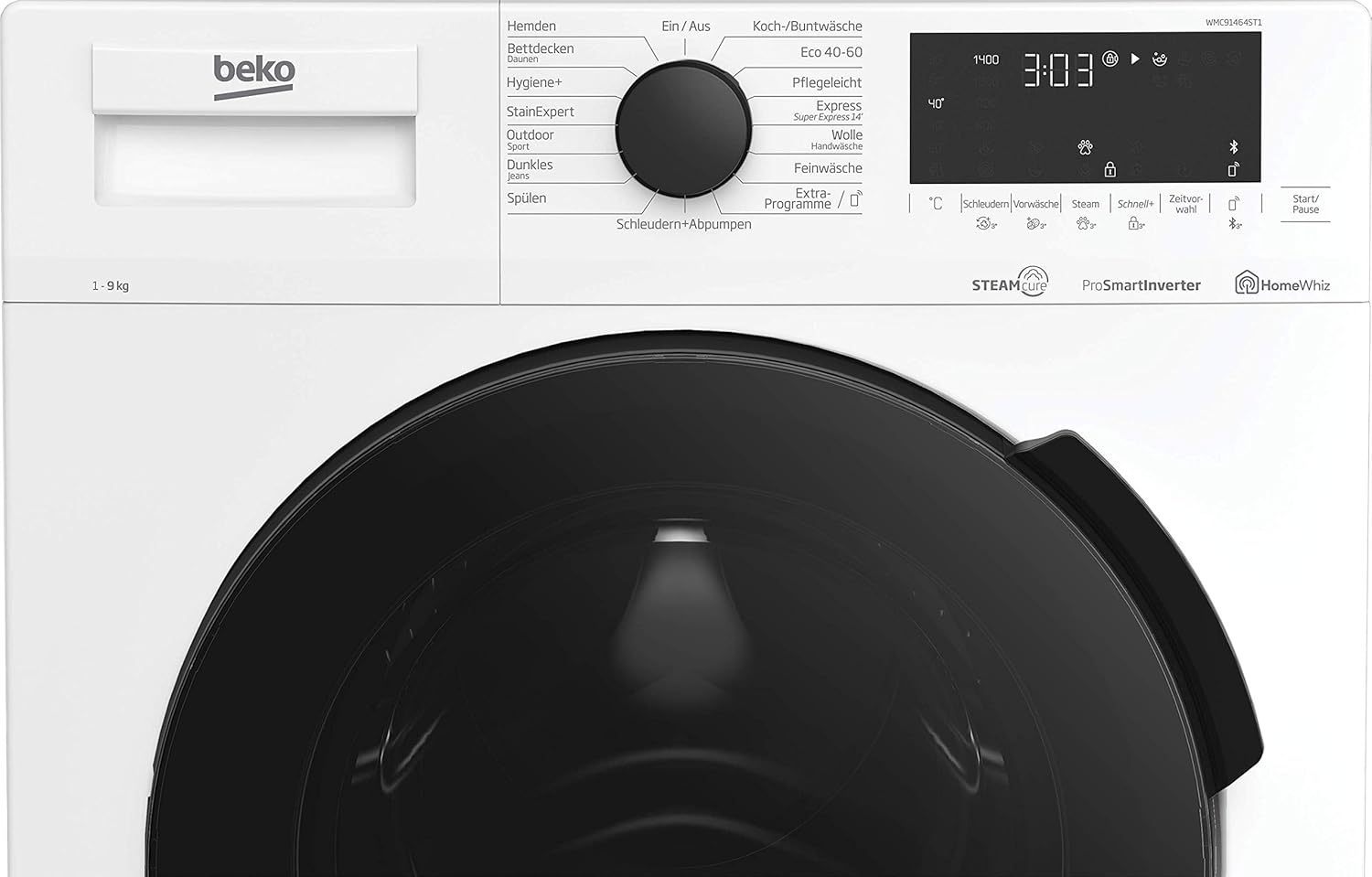Beko WMC91464ST1 b300 Waschvollautomat, Waschmaschine, 9 kg, Bluetooth, ProSmart Inverter Motor, Dampffunktion, Pet Hair Removal, Watersafe+, Weiß