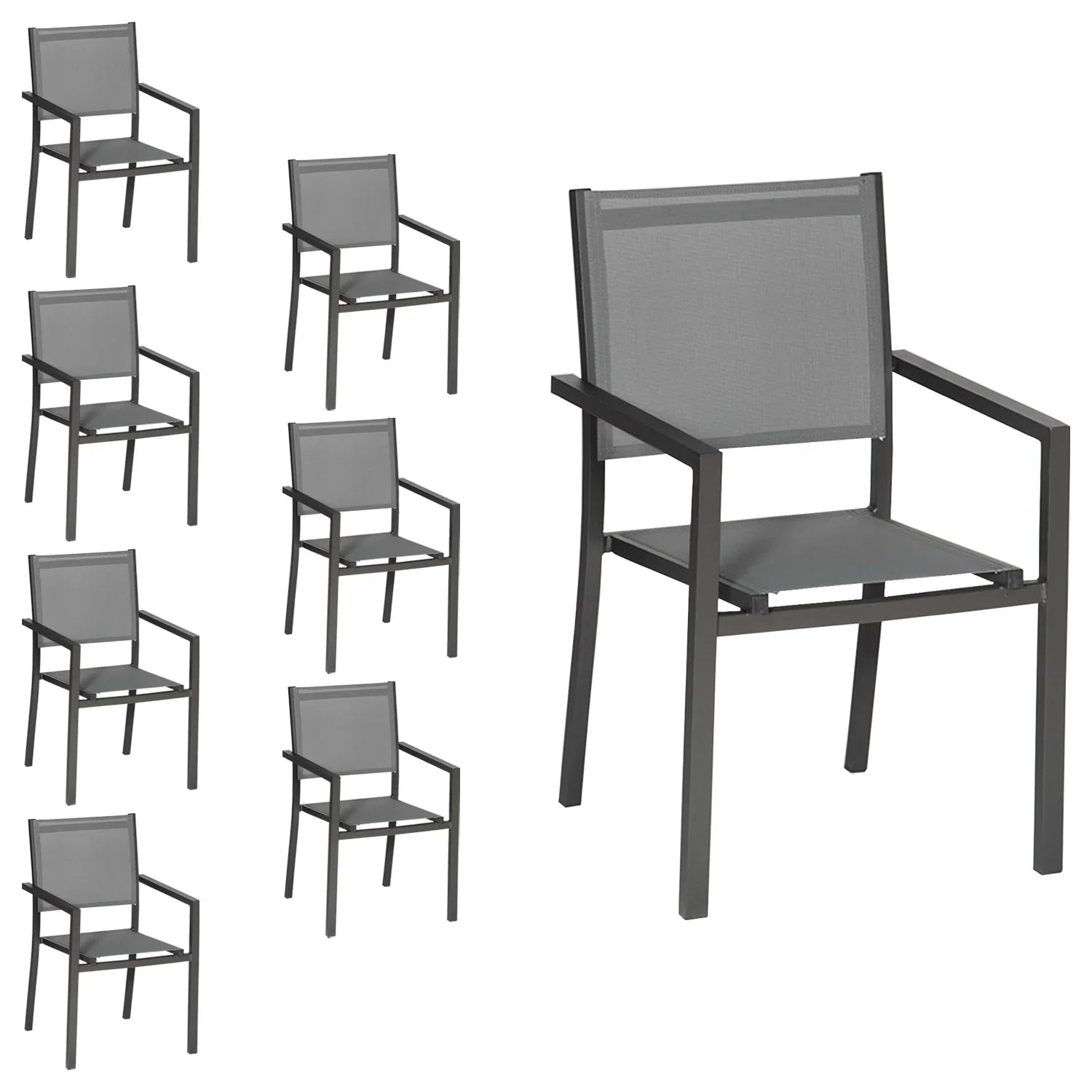 Lot de 8 chaises en aluminium anthracite - textilène gris -