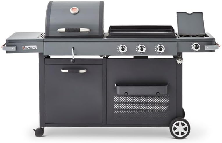 '- Barbecue Bi-Energy Gun Metal XL - Barbecue Charbon et Plancha 60 x 42 cm à gaz avec brûleur latéral -12,95 KW
