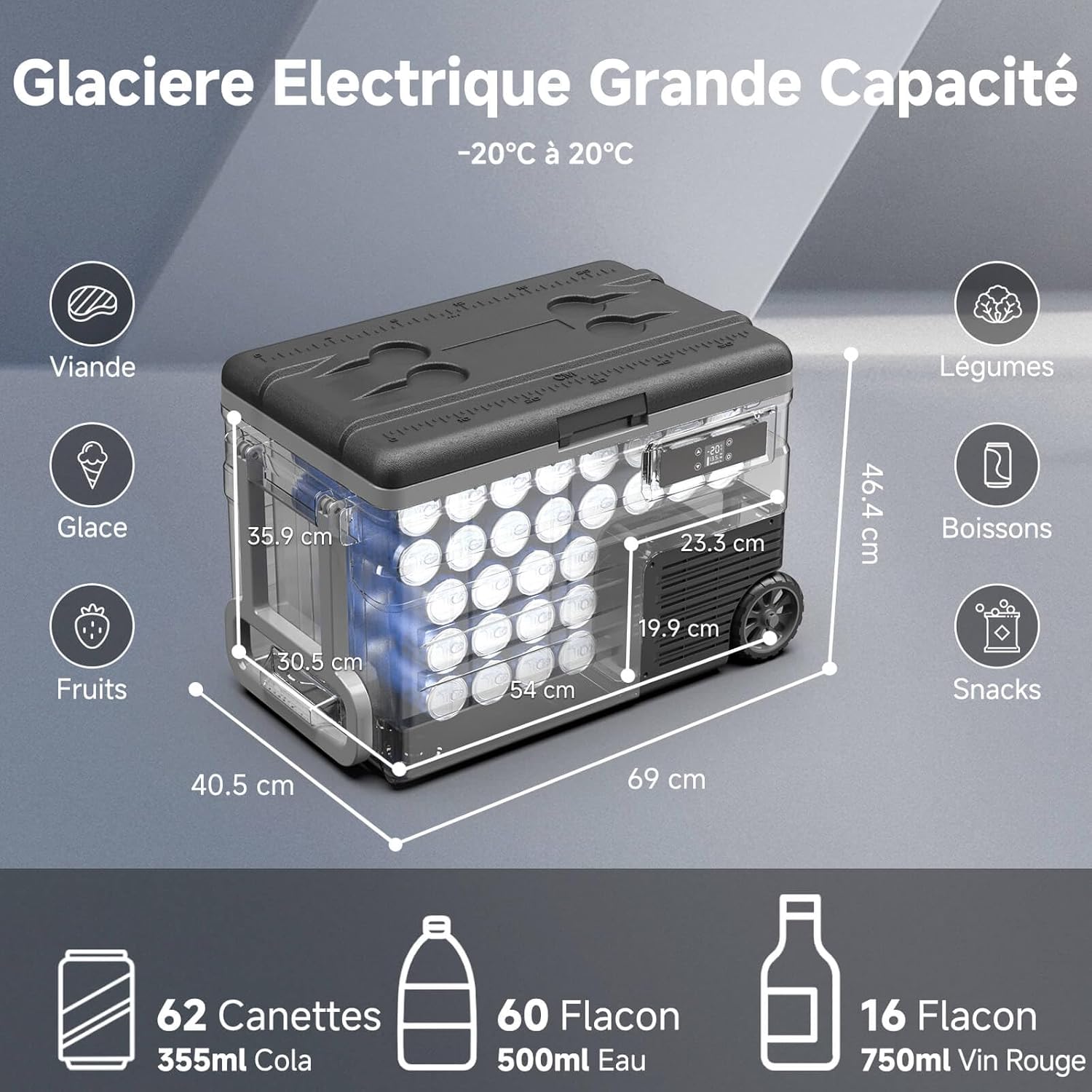 45L Glacière à Compresseur,Glaciere Électrique -20℃ à 20℃,Frigo Camion APP&Bouton Contrôle,12/24V DC et 100-240V AC Glaciere Camping Pour Voiture,Camion,Bateau et Prise De Courant -