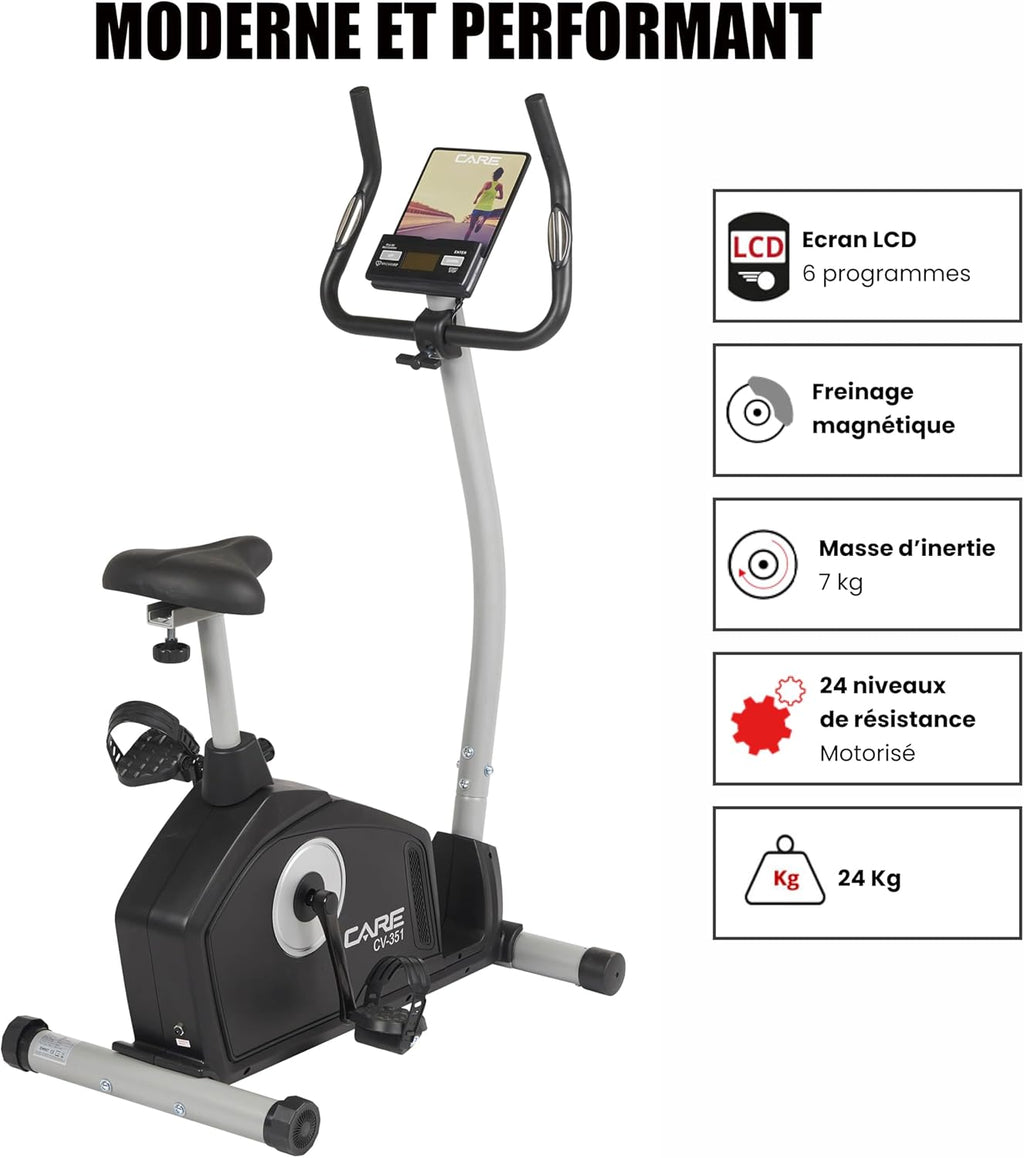 '- Vélo d’Appartement Motorisé CV-351 – Masse d'Inertie 10kg - Résistance Magnétique à 16 Niveaux - 7 Programmes d'Entraînement - Selle Ajustable - Connectivité Application Kinomap