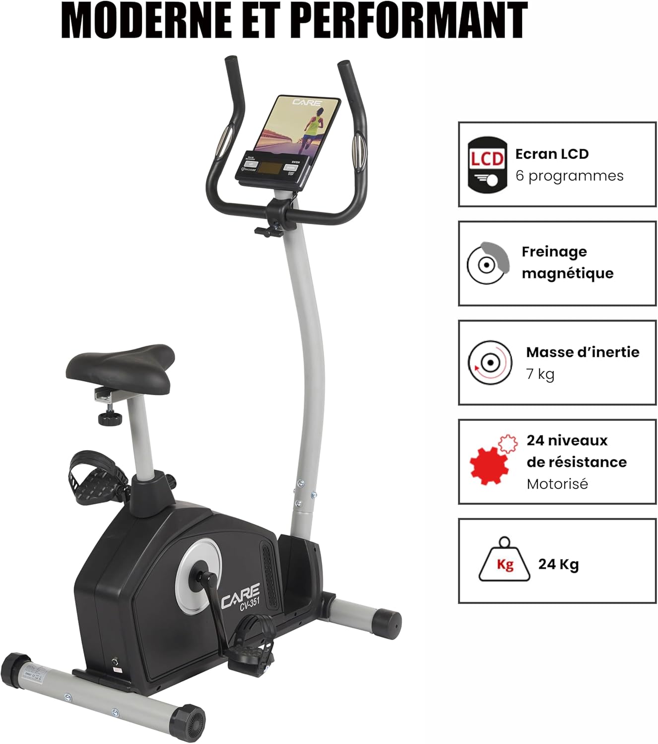 '- Vélo d’Appartement Motorisé CV-351 – Masse d'Inertie 10kg - Résistance Magnétique à 16 Niveaux - 7 Programmes d'Entraînement - Selle Ajustable - Connectivité Application Kinomap