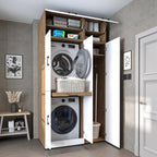 ROOMART Dora - Armoire de machine à laver - Pour sèche-linge et machine à laver - En 4 couleurs - Avec portes et panneau coulissant - Blanc - Chêne blanc - Chêne anthracite - Chêne blanc (chêne blanc)