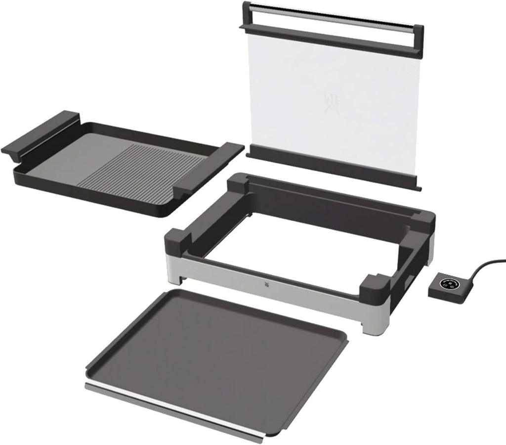 WMF Lono Tischgrill elektrisch mit Glasdeckel, beschichtete Grillplatte, herausnehmbare Auffangschale, spülmaschinenfest, Edelstahl matt, 2200 Watt