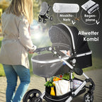 KESSER® Loops 3 in 1 Kinderwagen Kombikinderwagen Komplett-Set inkl. Babywanne & Buggy Sportsitz & Auto-Babyschale Voll-Gummireifen Wickeltasche Regenschutz Kindertisch ECE R129, Schwarz/Champagne