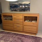SALE! Modernes Landhaus Highboard mit Vitrine Kernbuche massiv 208x112x42cm Hochanrichte mit Schiebetüren und Beleuchtung