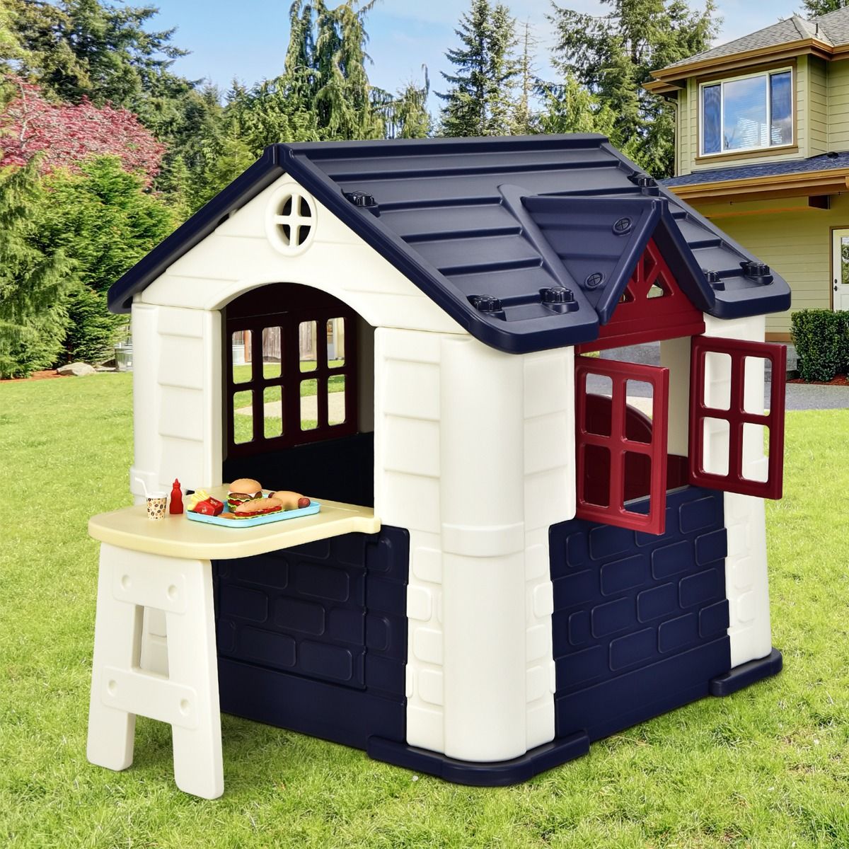 Maison Chef House -Thème Burger Bar - Table de Pique Nique Cabane de Jardin Anti-UV en Plastique 164x124x132 cm Bleu/Rose/Jaune