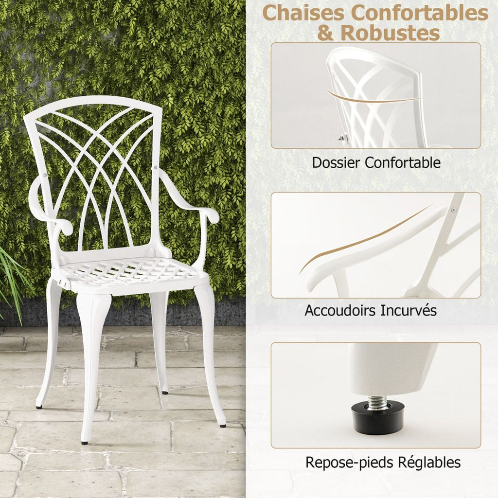 5 Pcs Salon de Jardin en Fonte d'Aluminium Trou pour Parasol Repose-pieds Réglables Ensemble de Table Ronde et 4 Chaises Blanc