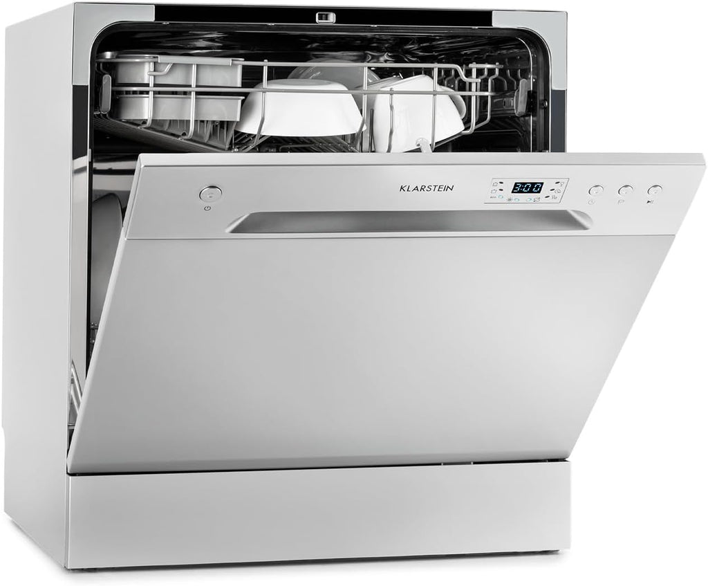 Klarstein  ia 8 - Spülmaschine, Geschirrspüler, Freistehend, Teilintegriert, F, 55 cm breit, 8 Maßgedecke, 6 Programme, Aquastop, silber