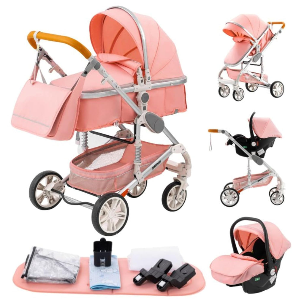 YAZOCO kinderwagen 3 in 1, Zusammenklappbar kinderwagen mit Wickeltasche,Komplettset Becherhalter,Moskitonetz, Fußabdeckung,Sitzzubehör (4 Rosa)