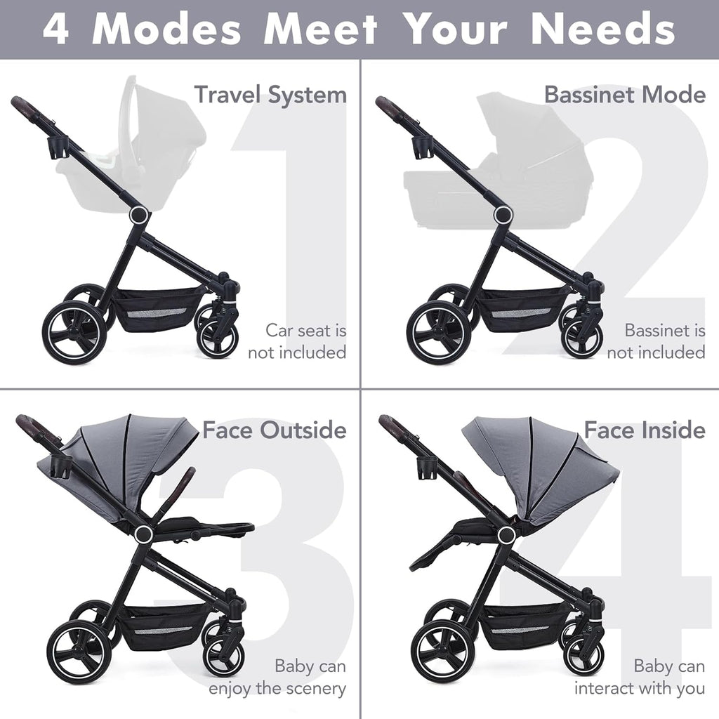 3 in 1 Kinderwagen Set mit umkehrbarem Sport-Sitz, Babywanne & Buggy – Ein-Klick-Zusammenklappbar, Leicht & Tragbar mit Großem Regenschutz