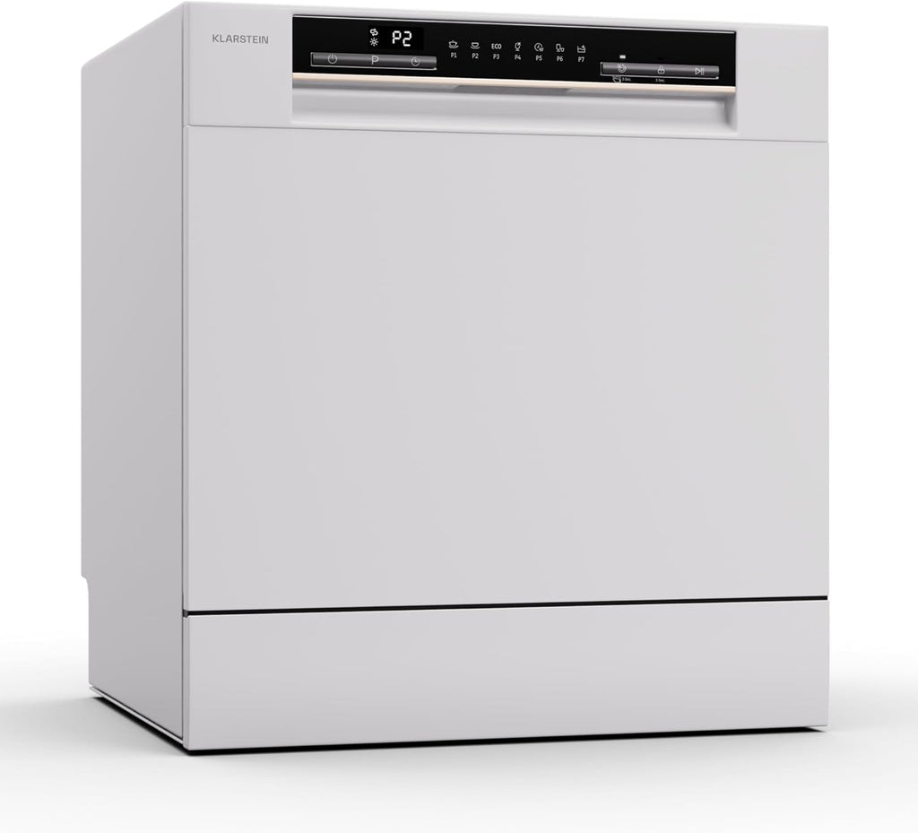 Klarstein  ia 8 - Spülmaschine, Geschirrspüler, Freistehend, Teilintegriert, F, 55 cm breit, 8 Maßgedecke, 6 Programme, Aquastop, silber