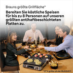 Braun MultiGrill 9 Pro CG 9160, Elektrogrill mit 2 unabhängigen Thermostaten, 3 Kochpositionen, spülmaschinenfeste Platten, integrierte Thermosonde, 2200 W, Schwarz/Edelstahl