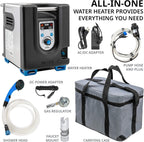 Tragbarer Propan-Warmwasserbereiter und Duschpumpe mit eingebauter Batterie | Kompaktes Outdoor-Reinigungs- und Duschsystem mit LCD, Sicherheitsabschaltung und Tragetasche, sofort heißes Wasser für Camping und Wandern
