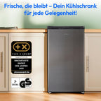 MEDION Kühlschrank mit Eiswürfelfach (90L Gesamt-Nutzinhalt 80L Kühlteil 10L Eiswürfelfach, transparente Gemüseschublade, freistehend, wechselbarer Türanschlag, höhenverstellbare Füße, MD37690) grau