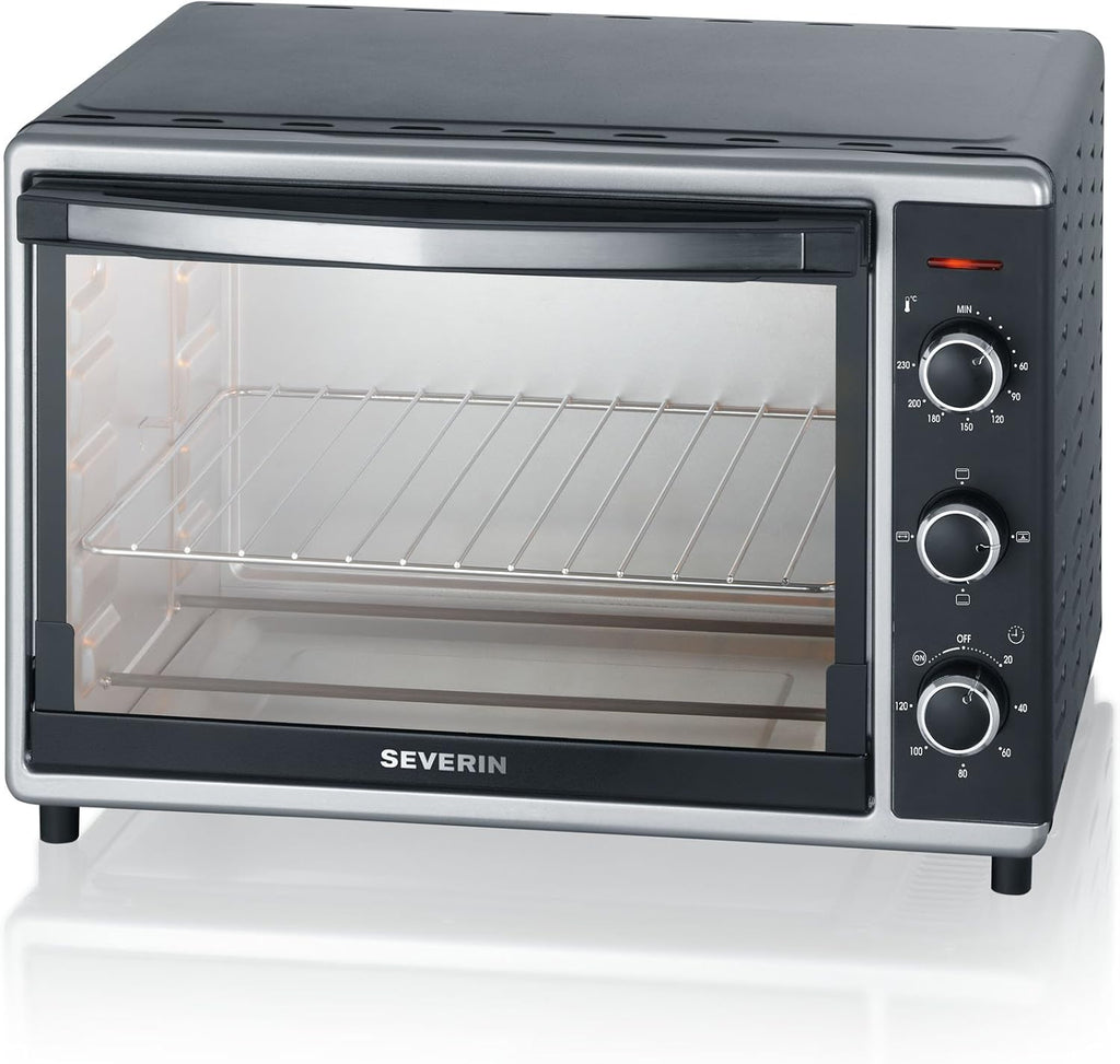 SEVERIN Back- und Toastofen mit Umluftfunktion, Mini Backofen mit Grillrost, Backblech, Drehspie und Pizzastein, vielseitiger Heiluftofen mit 42 L Kapazitt, 1.800 W, schwarz, TO 2058
