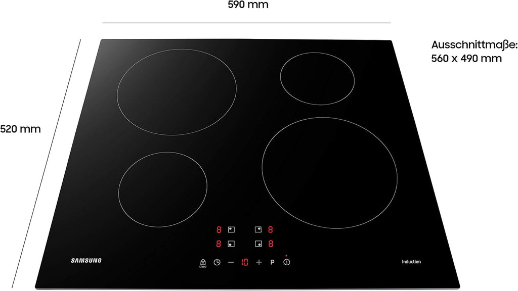 Samsung NZ64M3NM1BB Autarkes Induktionskochfeld, 60 cm große Herdplatte aus Glaskeramik, Rahmenlos, 4 Kochzonen mit Touch Steuerung, 9 Leistungsstufen, 4 Booster, Kindersicherung, Schwarz