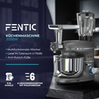 Fentic 6-in-1 Küchenmaschine – 2000W – Mit Fleischwolf, 1,5L Entsafter, Gemüseschneider und Mehr – Knetmaschine mit 6,2L Rührschüssel, Rührhaken, Knethaken, Schlagbesen und Spritzschutz (Schwarz)