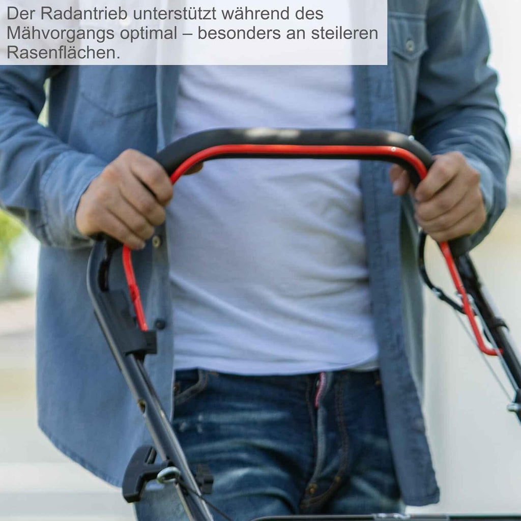 Scheppach MS161-46 Benzin Rasenmäher - 46 cm Schnittbreite | 55 Liter Fangkorb | Stahlgehäuse | 7-stufige Höhenverstellung | Mulchfunktion | Radantrieb | Seitenauswurf | inkl. Motoröl