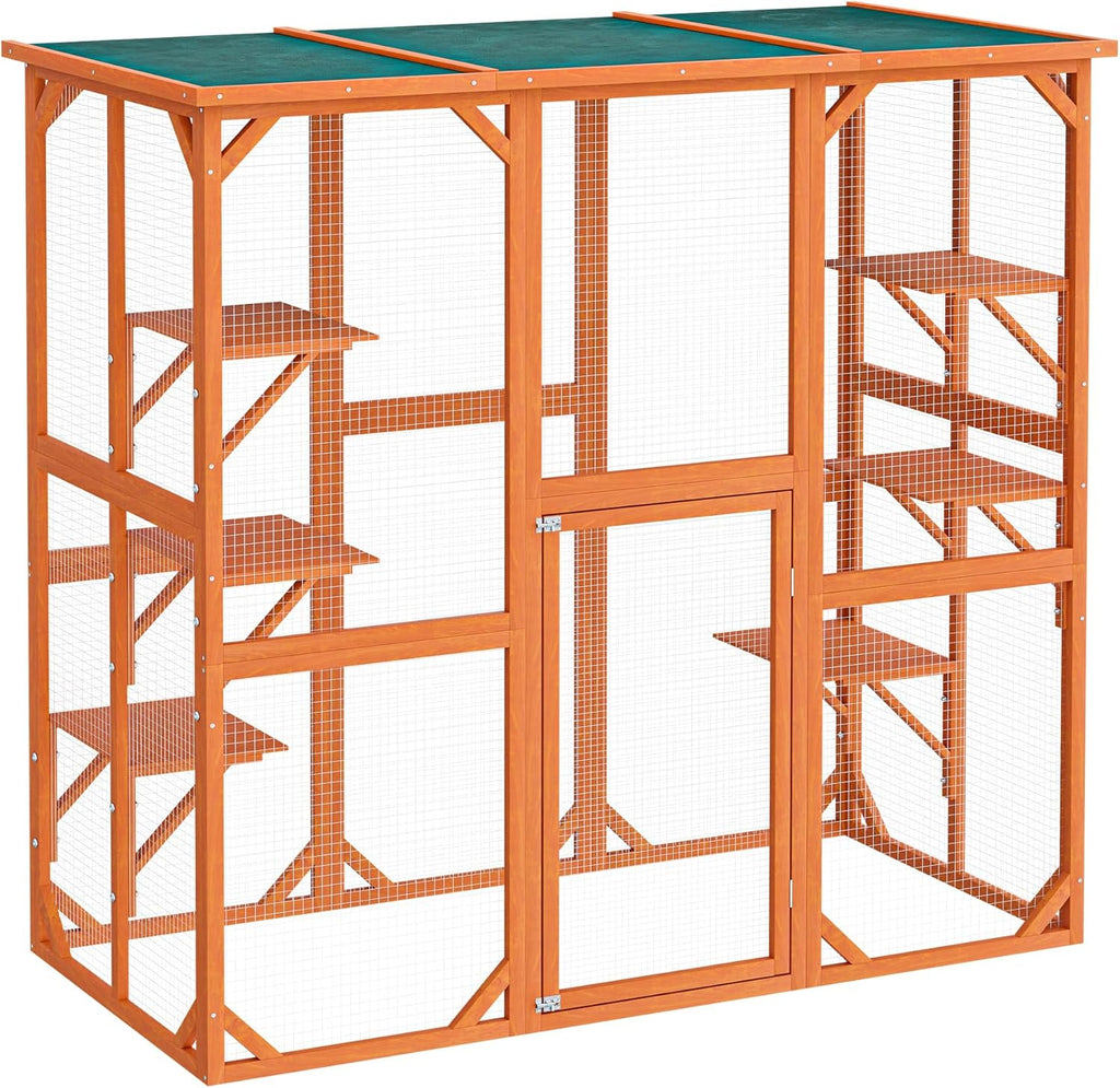 Enclos extérieur – 168 x 82 x 166,5 cm – en Bois de Sapin et avec Grillage – Parc pour Chat résistant aux intempéries – avec 6 Zones de Repos – Félins