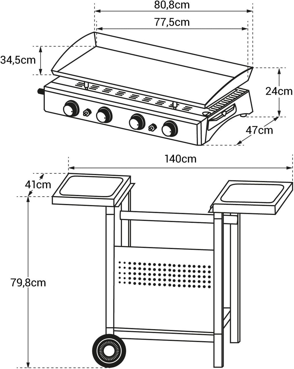 Plancha au gaz Valencia - 4 brûleurs 10kW + Chariot