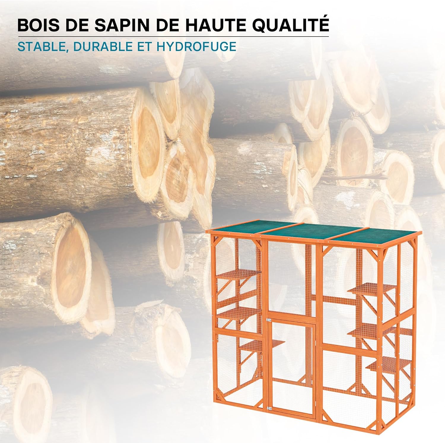 Enclos extérieur – 168 x 82 x 166,5 cm – en Bois de Sapin et avec Grillage – Parc pour Chat résistant aux intempéries – avec 6 Zones de Repos – Félins