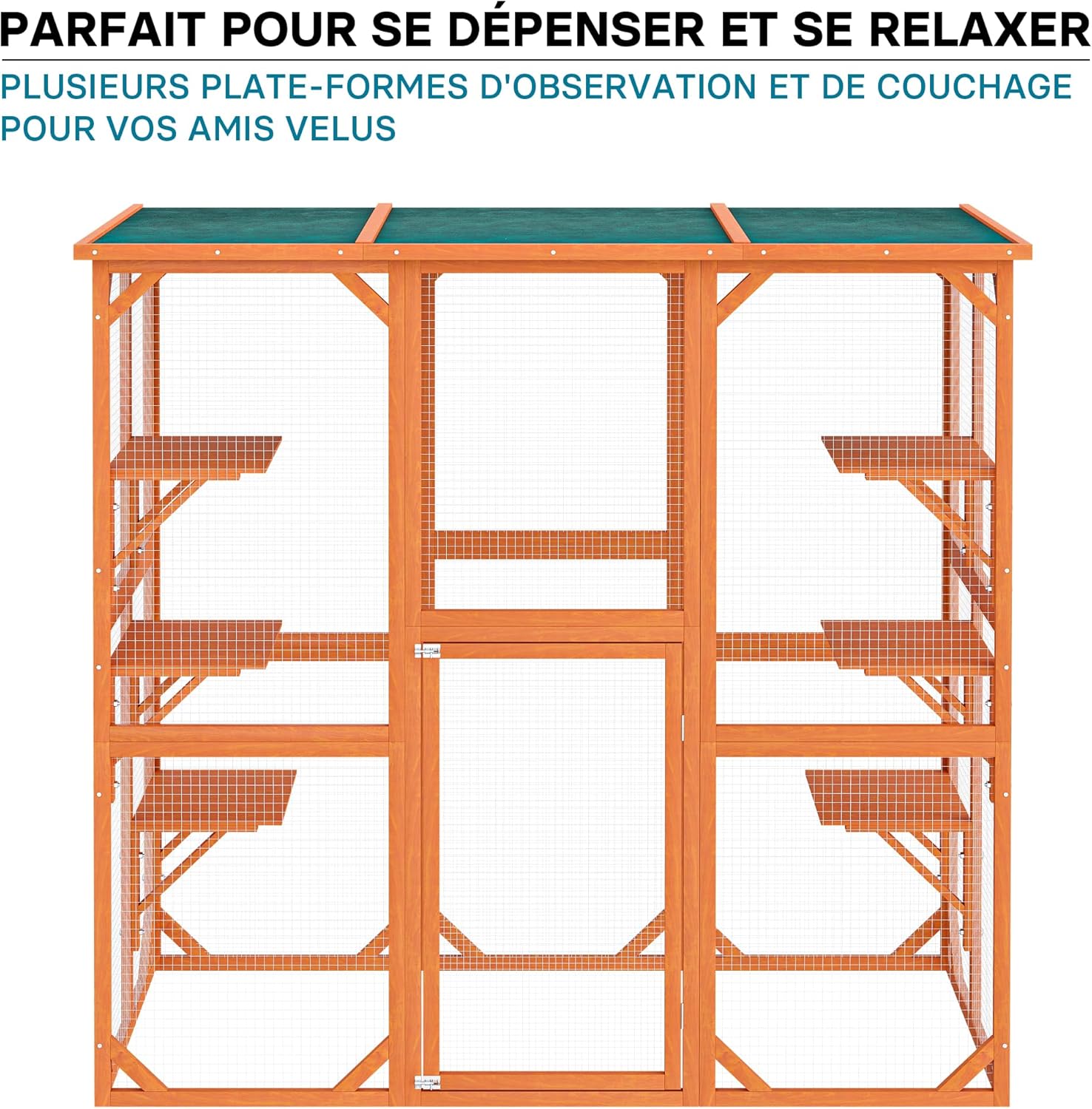 Enclos extérieur – 168 x 82 x 166,5 cm – en Bois de Sapin et avec Grillage – Parc pour Chat résistant aux intempéries – avec 6 Zones de Repos – Félins