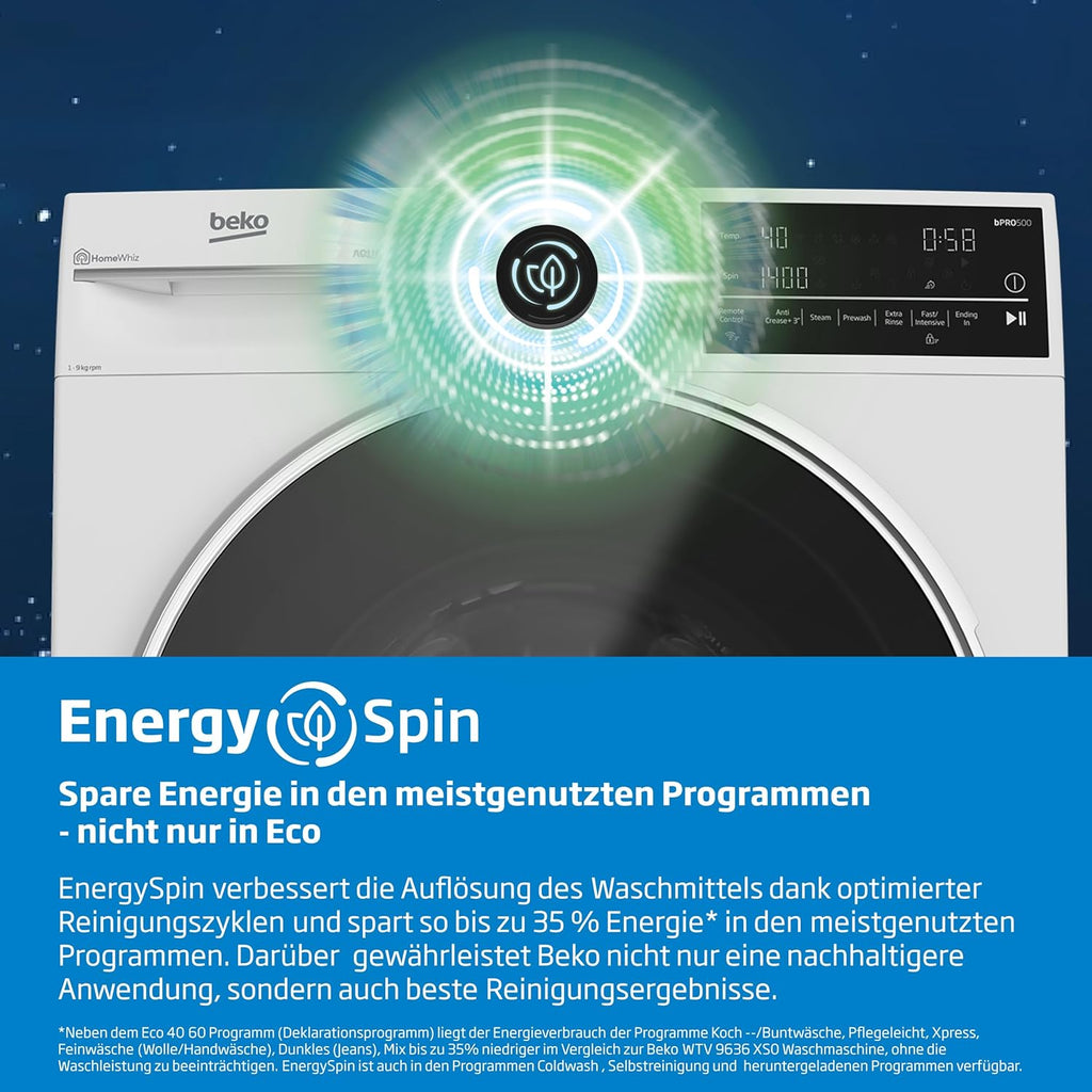 Beko WMC91464ST1 b300 Waschvollautomat, Waschmaschine, 9 kg, Bluetooth, ProSmart Inverter Motor, Dampffunktion, Pet Hair Removal, Watersafe+, Weiß