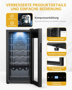WIE Wine Fridge Compressor 53 Litres 18 Bottles Drinks Fridge Small Wine Cabinet Small Wine Fridge with Glass Door, Full Glass Design Door with LED Touch Panel, Anti-UV, Wine Fridge 5-18°C