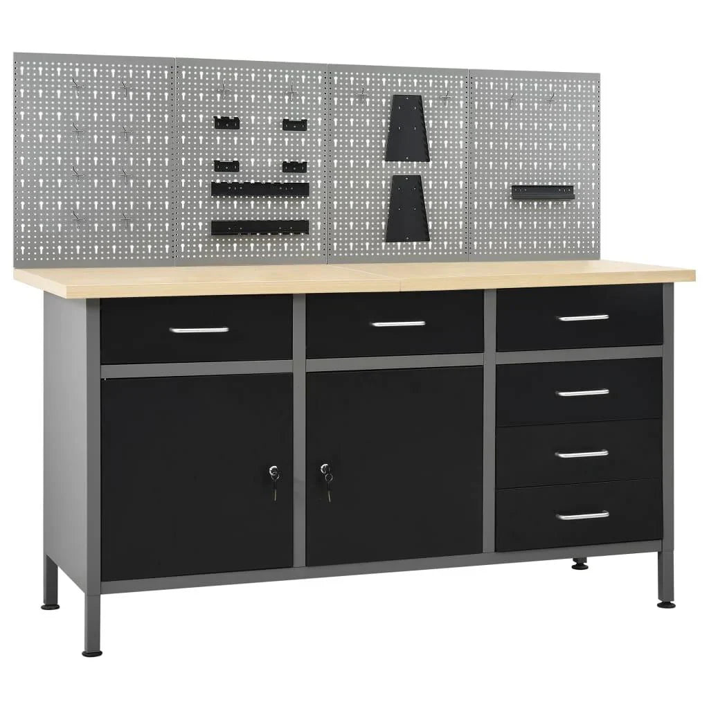 Etabli avec 4 panneaux muraux table de travail poste de travail stockage rangement d'outils 160 cm garage atelier pieds réglables en hauteur 02_0003666 -